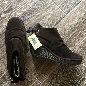 COPY - NWT Fly London Yebi ruched  back tie suede leather wedge booties